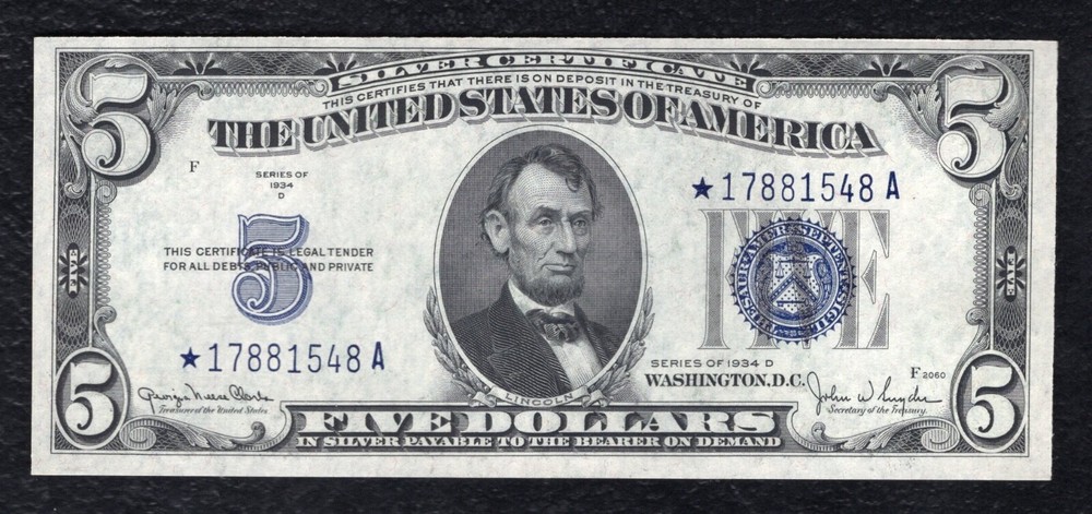 FR 1654* 1934-D $5 FIVE DOLLARS *STAR* SILVER CERTIFICATE GEM UNCIRCULATED