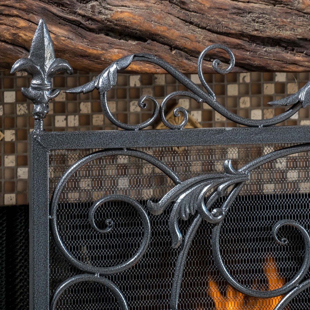 Black Silver Fireplace Screen Panel Stand Wrought Iron Mesh Victorian Scrollwork