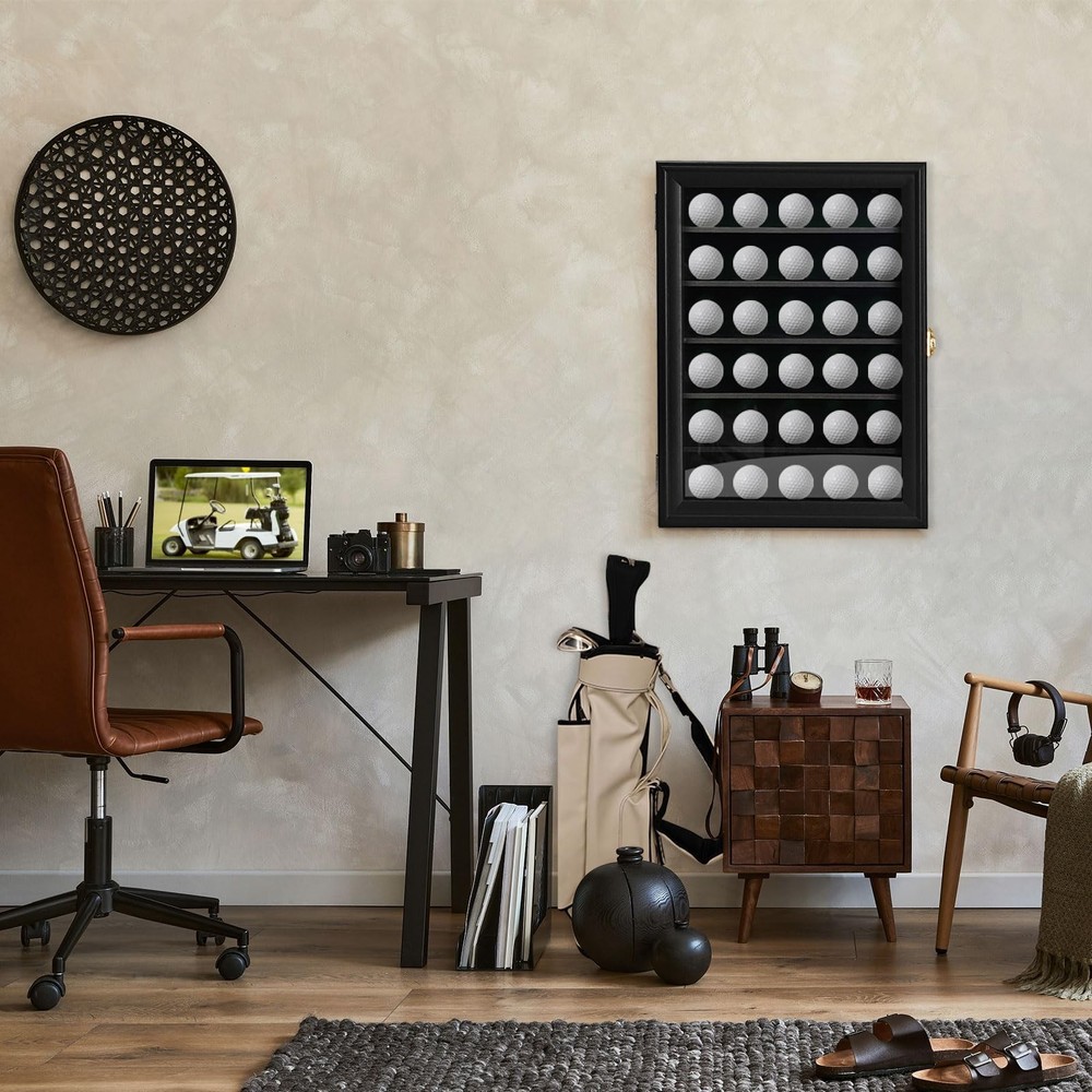 Golf Ball Display Case: Wall Mounted 30 Golf Ball Display Case Holder Solid W...
