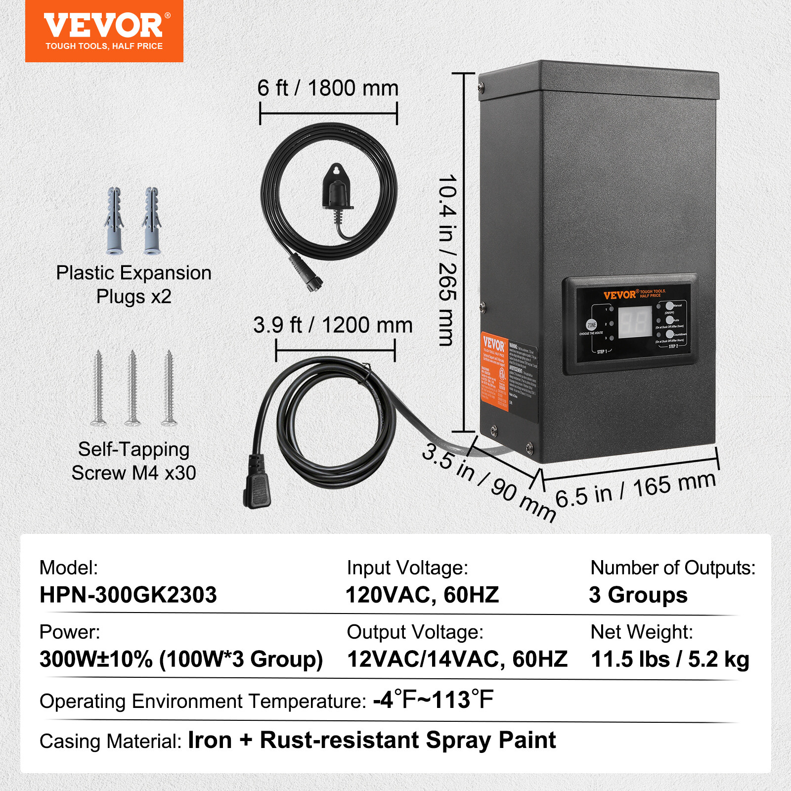 VEVOR 300W Low Voltage Landscape Transformer with Timer and Photocell Sensor