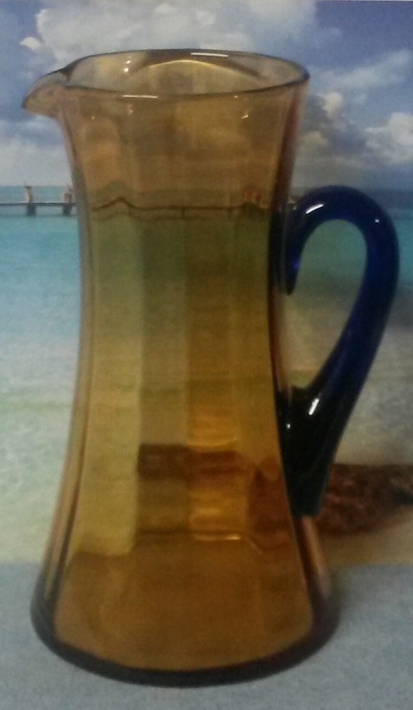 Amber Blown Glass Pitcher with Cobalt Blue Applied Handle