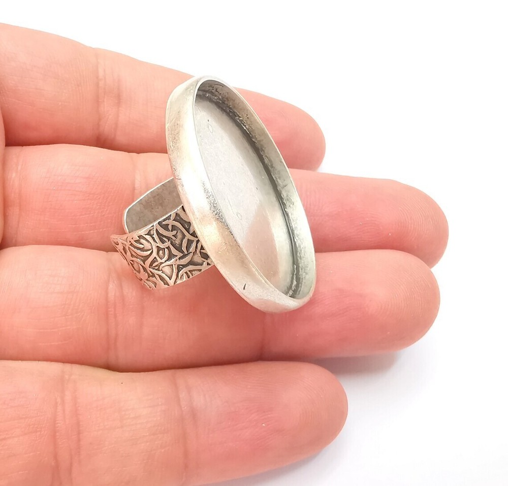 Round Antique Silver Ring Blank Setting, Cabochon Mounting Adjustable Resin Ring