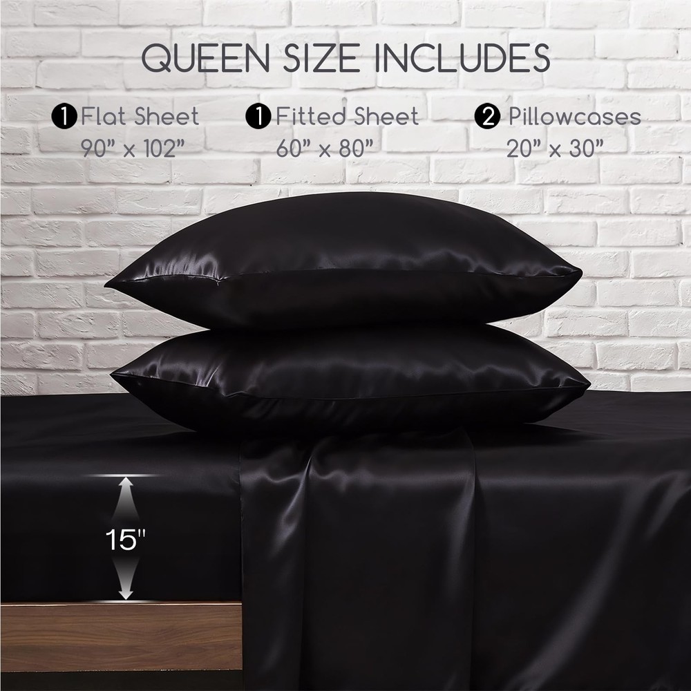 MR&HM Satin Bed Sheets, Queen Size Sheets Set, 4 Pcs Silky Bedding Set with E...