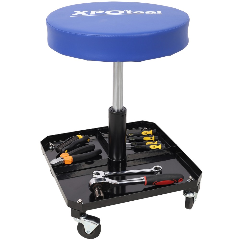 Storage of rolling pneumatic adjustable mechanical stools and tool trays