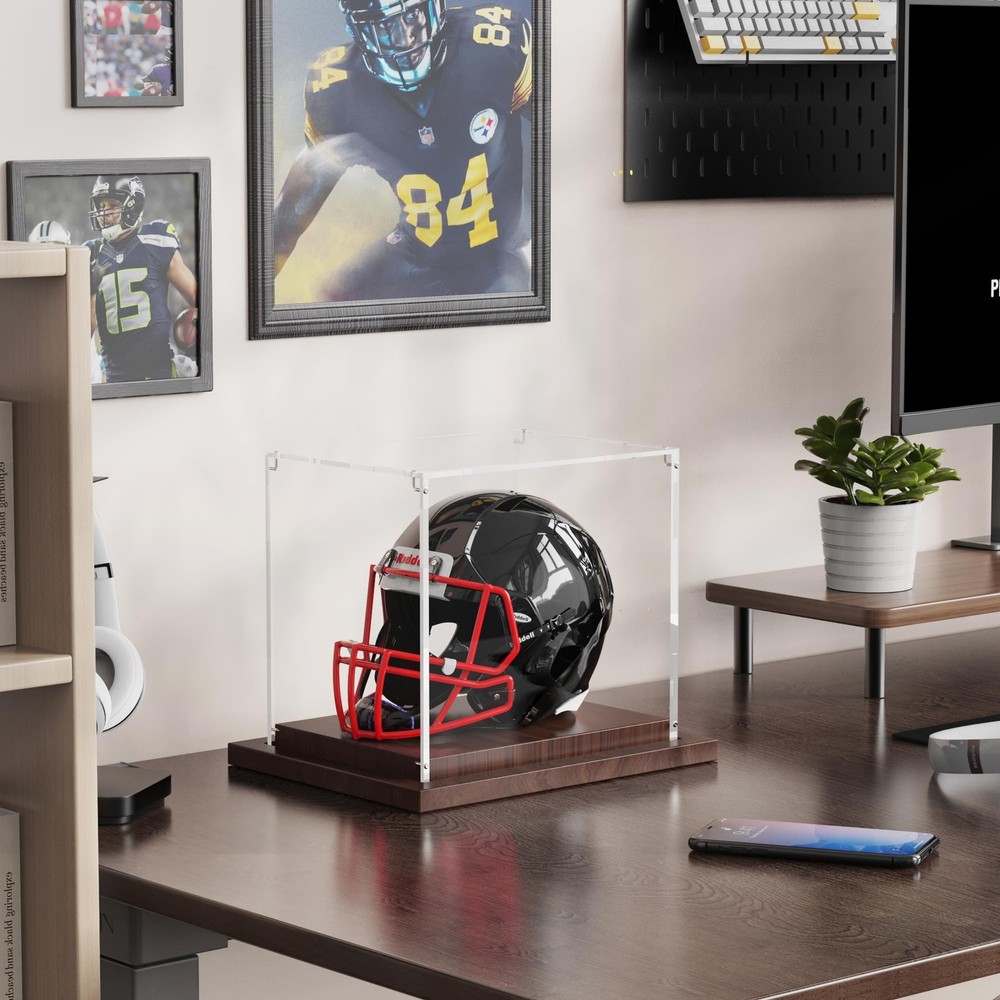 VGMiu Mini Helmet Display Case with Wood Base, Clear Case,