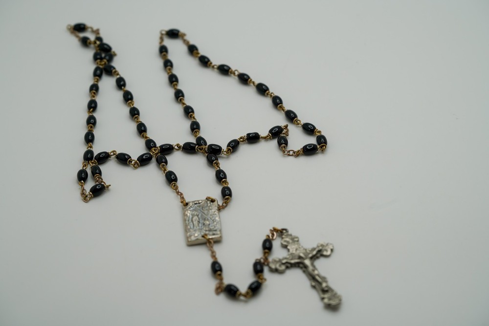 Vintage 30" Missing Relic Black Bead Silver Rosary 30" JB39