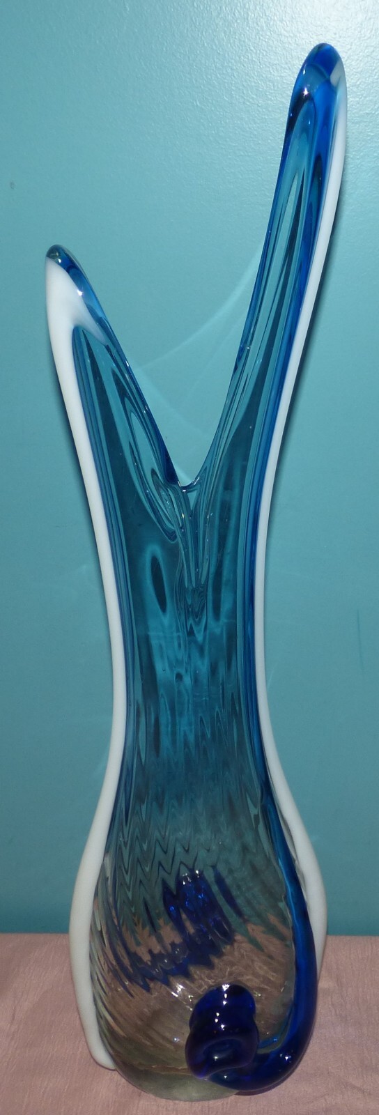 Large 26" MCM Swung Vase with Blue, White and Clear Glass