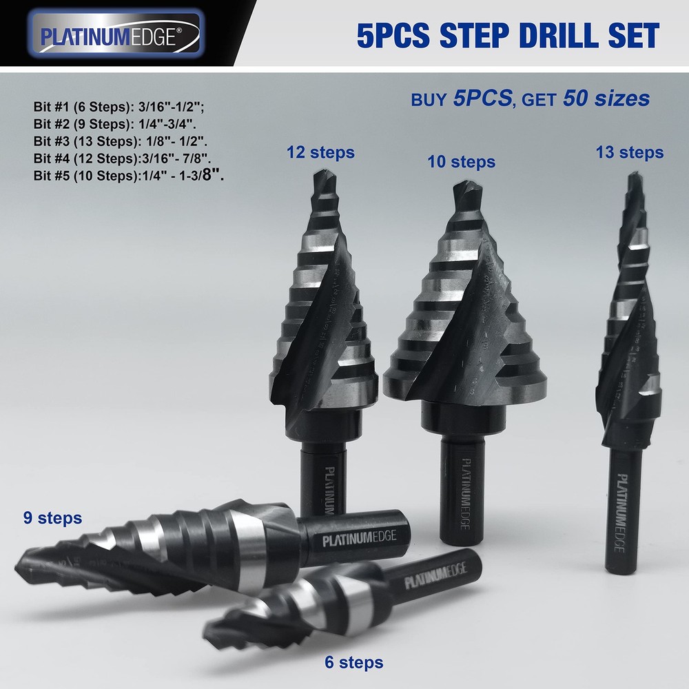 PLATINUMEDGE Step Drill Bits Set, 5 Pcs High Speed 34.925 millimeters, black