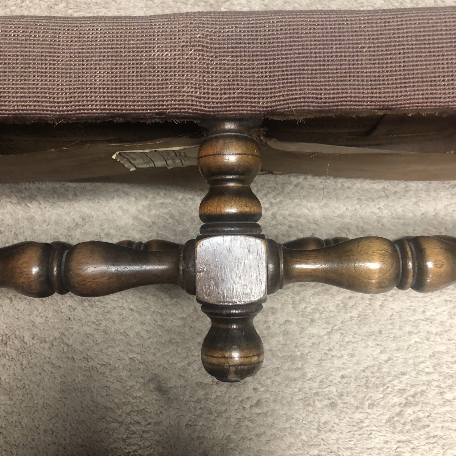 Antique Wood KITTENGER Footstool Ottoman Embroidered Needlepoint Flowers Rare