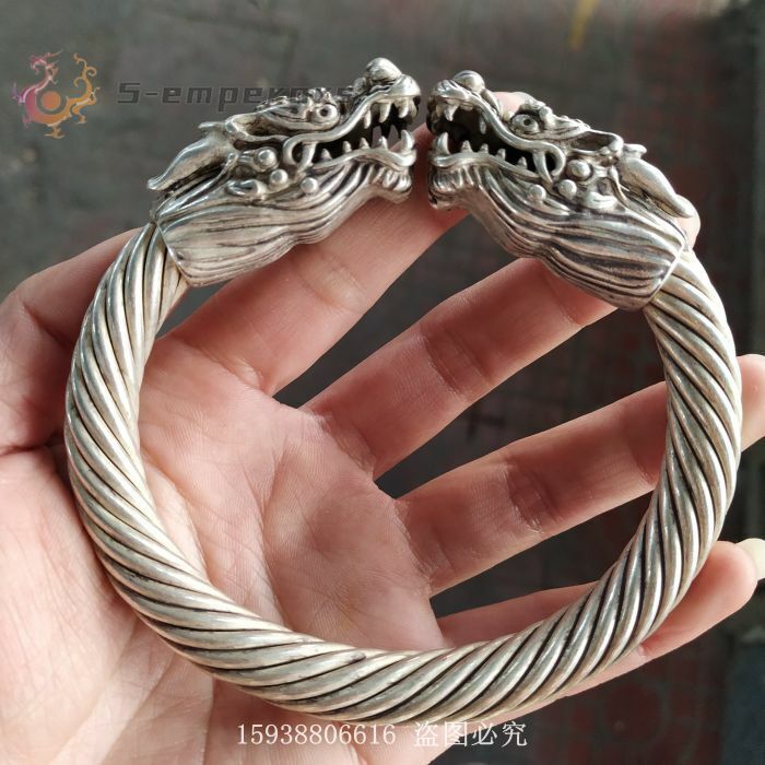 China old Tibetan silver Double headed Dragon Silver Bracelet Men's bracelet