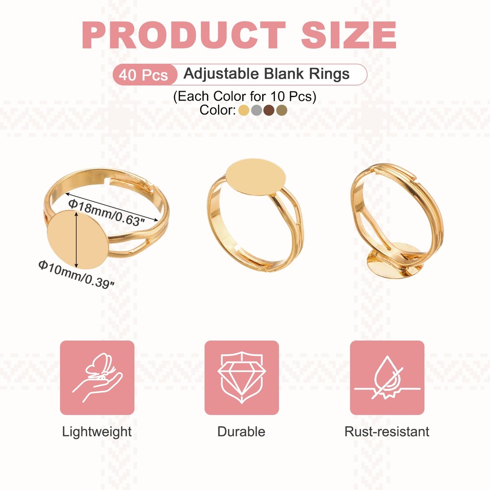40 Pack 10mm Adjustable Blank Rings, White, Light Gold, Brown, Copper