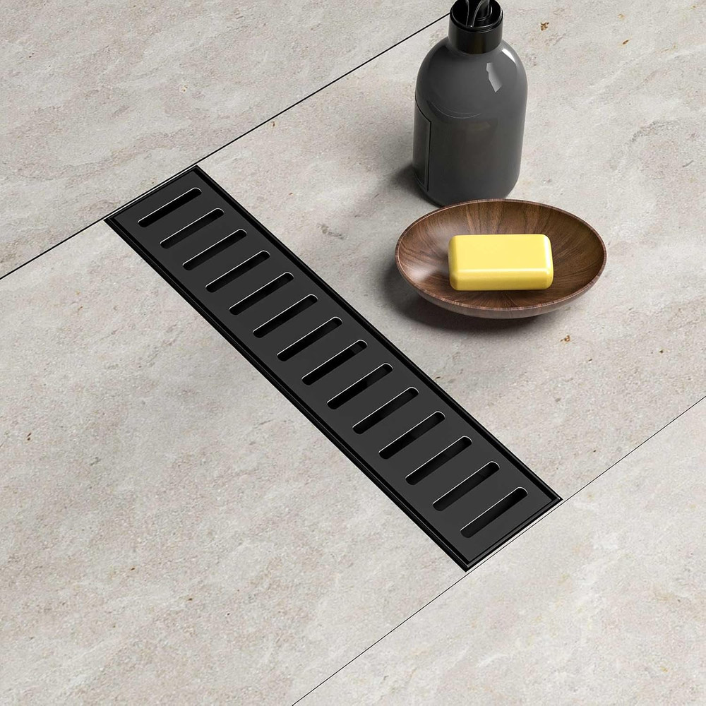 Black Linear Shower Drain 12 Inch with Removable Capsule Pattern Grate