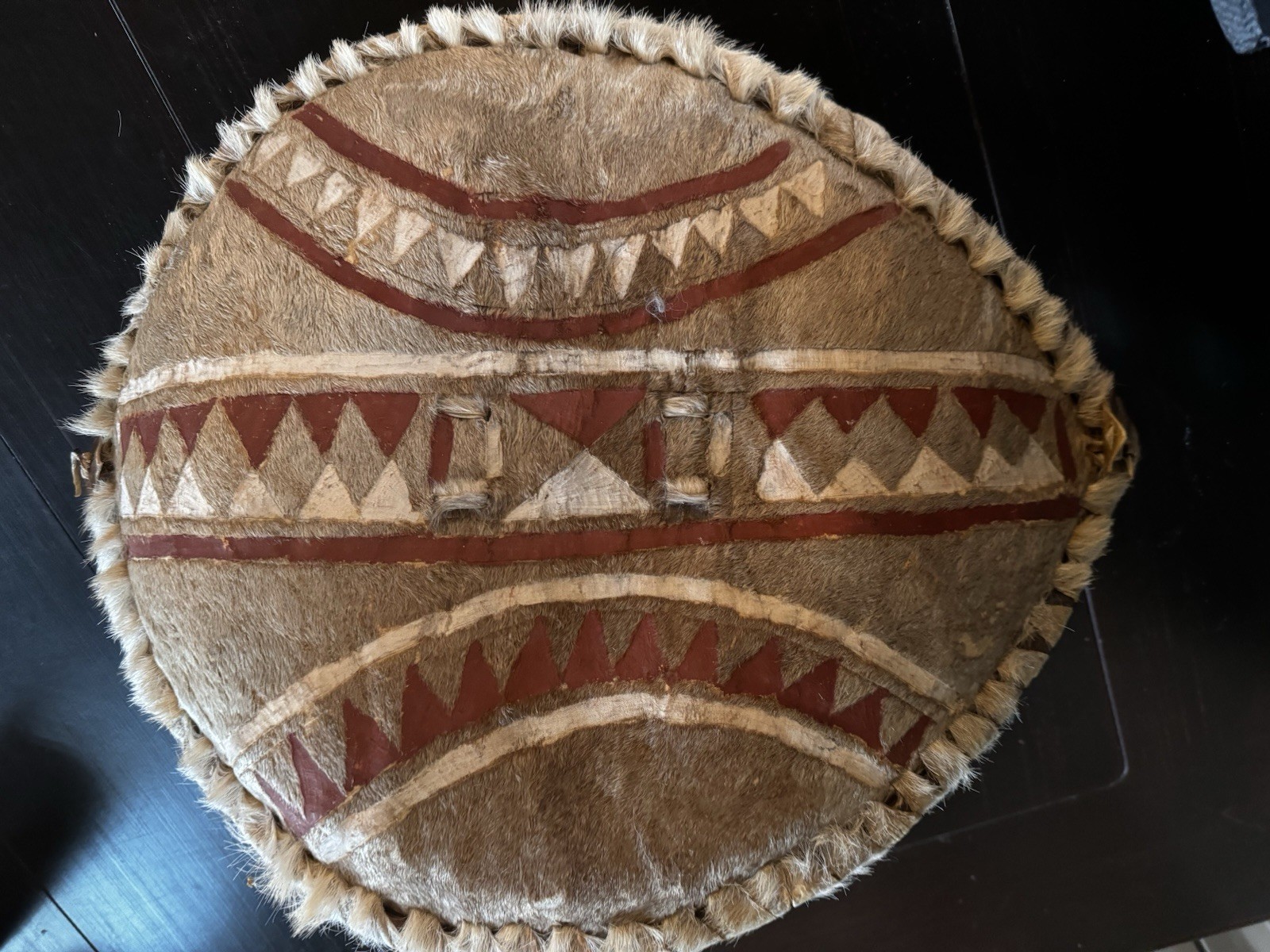 Vintage 18" Handmade African Maasai Warrior Sheild Real Fur Buffalo Hide & Wood