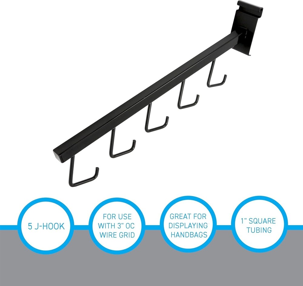 5 Wire Grid Black J-Hooks Waterfall Faceout 16" Gridwall Purse Wiregrid J Hook