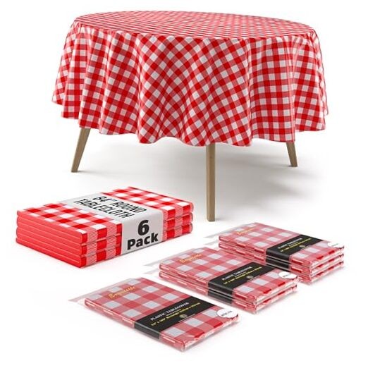 Picnic Table Cover - 6 Pack Round Plastic Tablecloth - & 6 Pack 84" Round Red