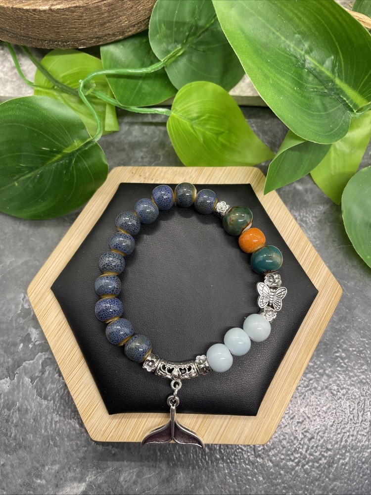Handmade Ceramic Bead Beaded Stackable 6.25” Plus Stretch Bracelet New B239