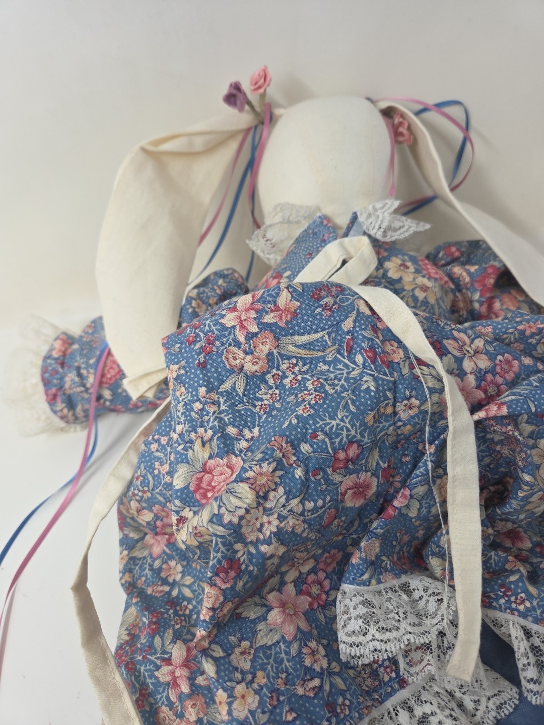 Vintage Handmade 19” Easter Bunny Rabbit Doll Flowers Floral Lace Dress & Apron