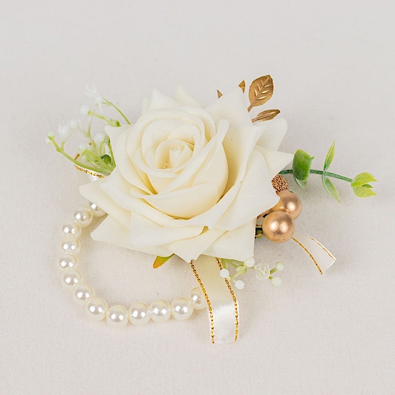 WHITE 2 SILK ROSES 4" Wrist Corsages with Pearls Wedding Flowers Party Bouquets