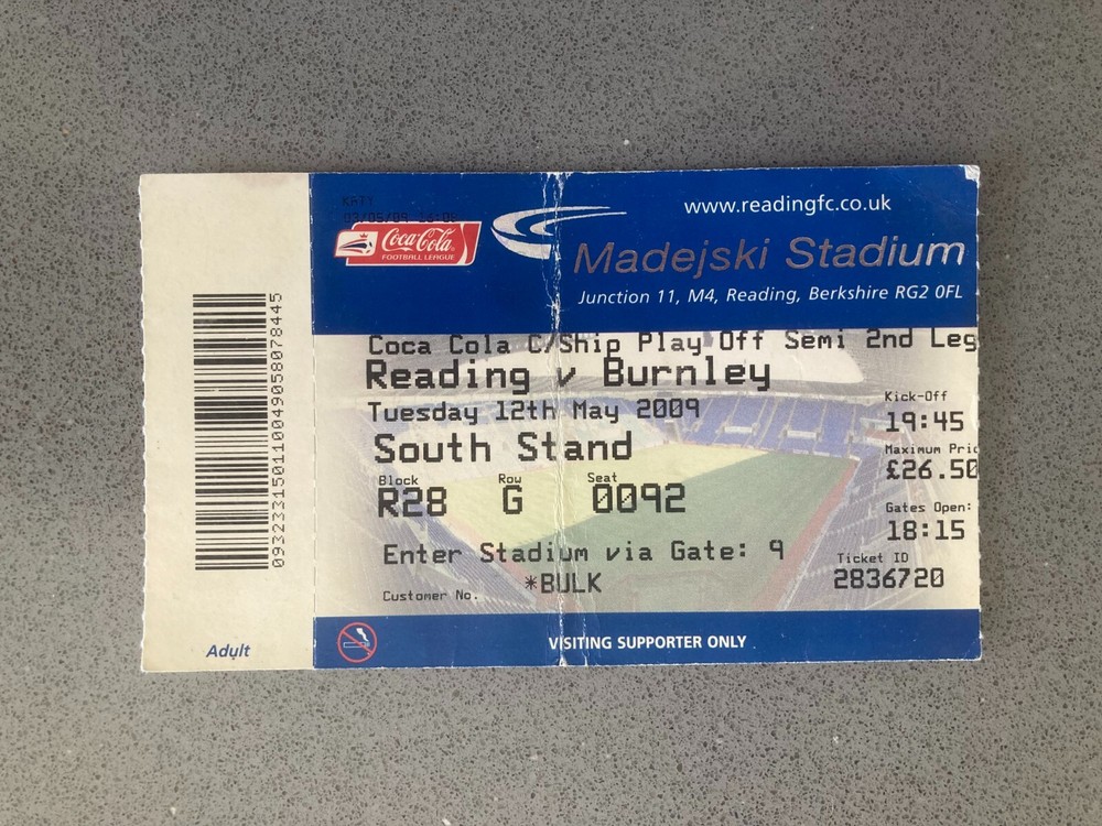 Reading v Burnley 2008-09 Match Ticket
