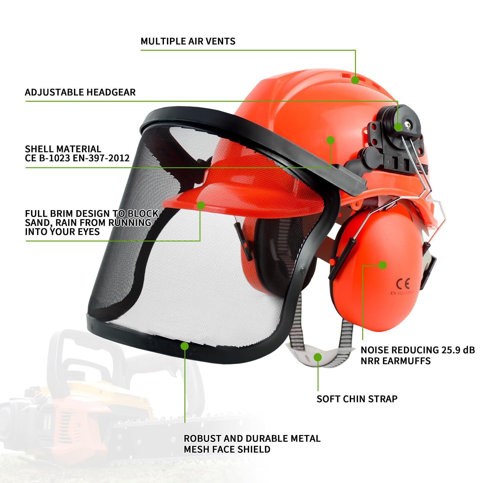 Forestry Helmet with Face Visor and 25.9 dB SNR Ear Protection
