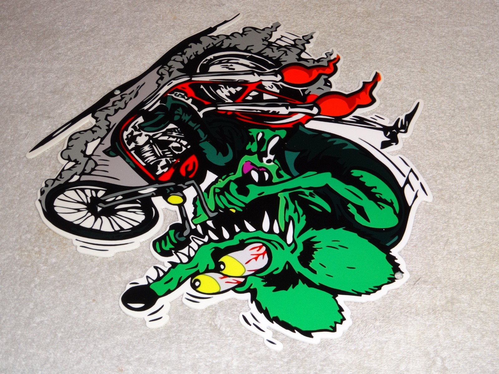 VINTAGE RATFINK RIDES MOTORCYCLE 12" PORCELAIN METAL RAT FINK GASOLINE OIL SIGN