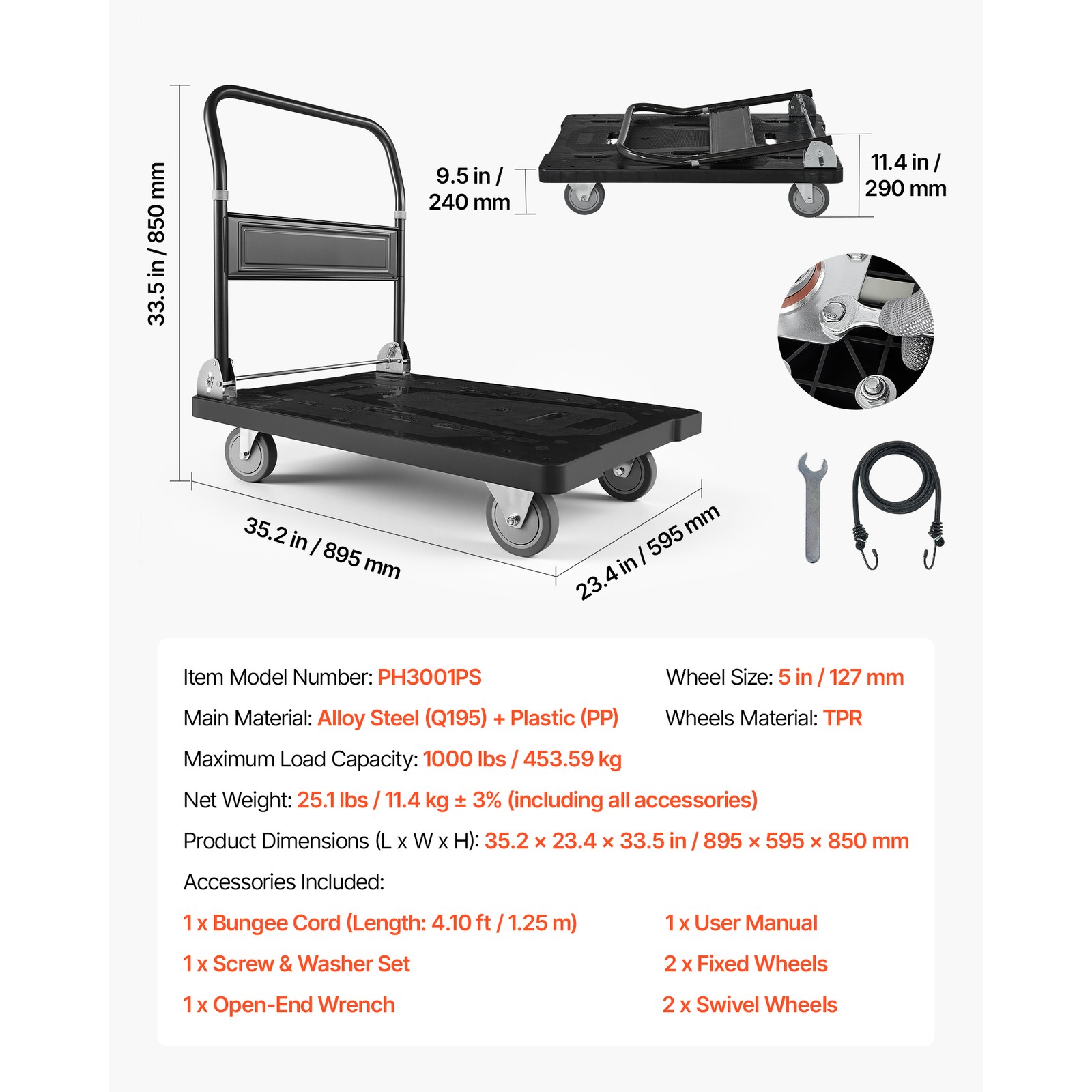 Uimoso Foldable Push Cart Dolly 1000 lbs Capacity with Wheels Folding Platform