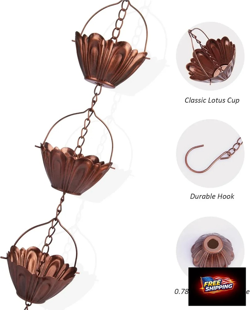 Copper Plated Rain Chain 8ft Lotus Cups Decorative Gutter Downspout