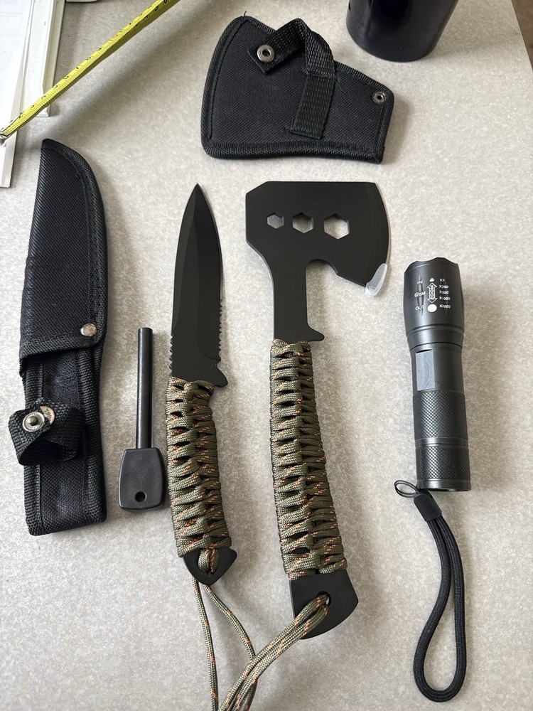 4PC Outdoor Survival Tool Set with Hatchet, Knife, Fire Starter & Flashlight