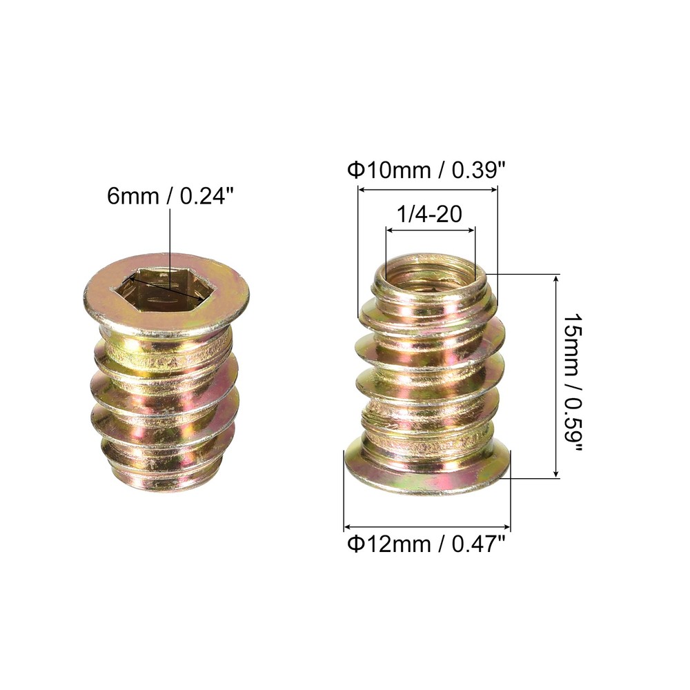 1/4-20 x 15mm Threaded Inserts Nuts, 100pcs Wood Insert Nuts with Hex Wrench