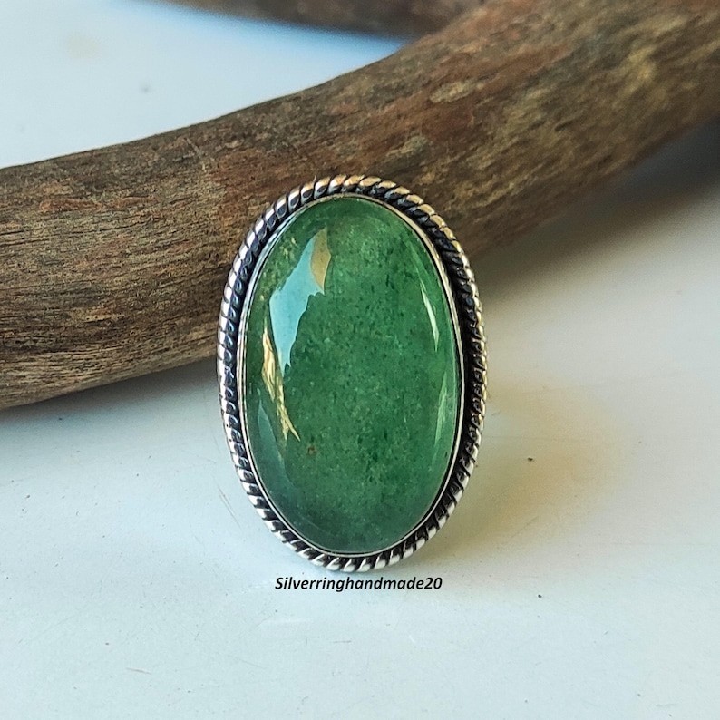 Green Jade Solid 925 Sterling Silver Beautiful Statement Ring, All Size M1459