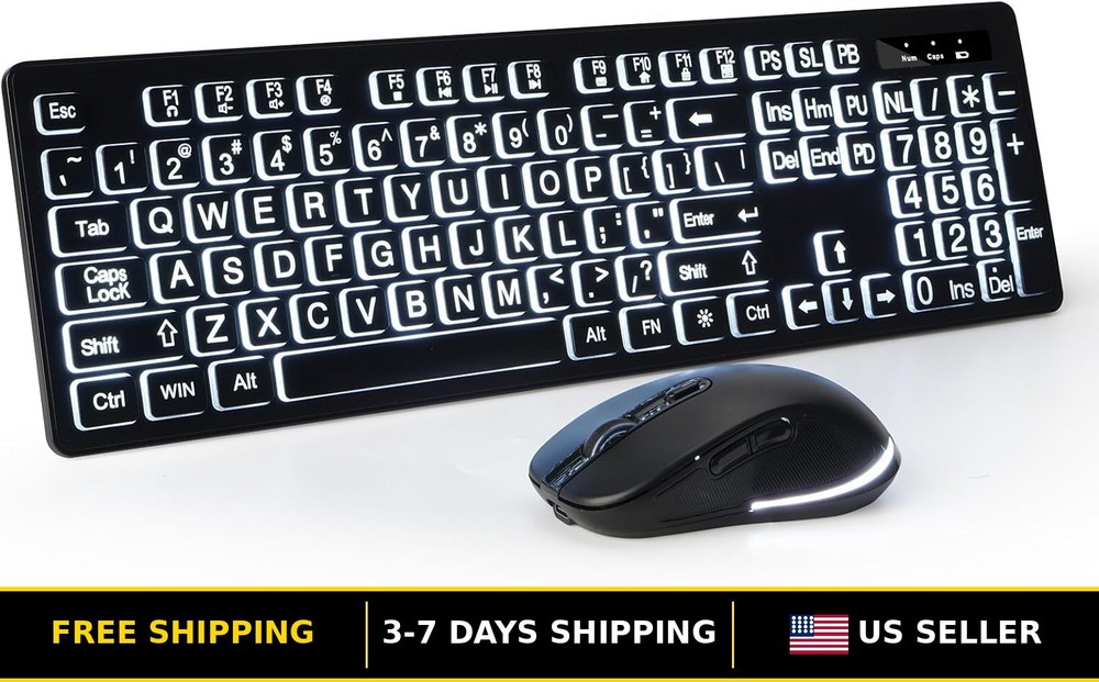 Large Print Wireless Keyboard & Mouse Combo, 2.4G Full Size, Ergonomic Design