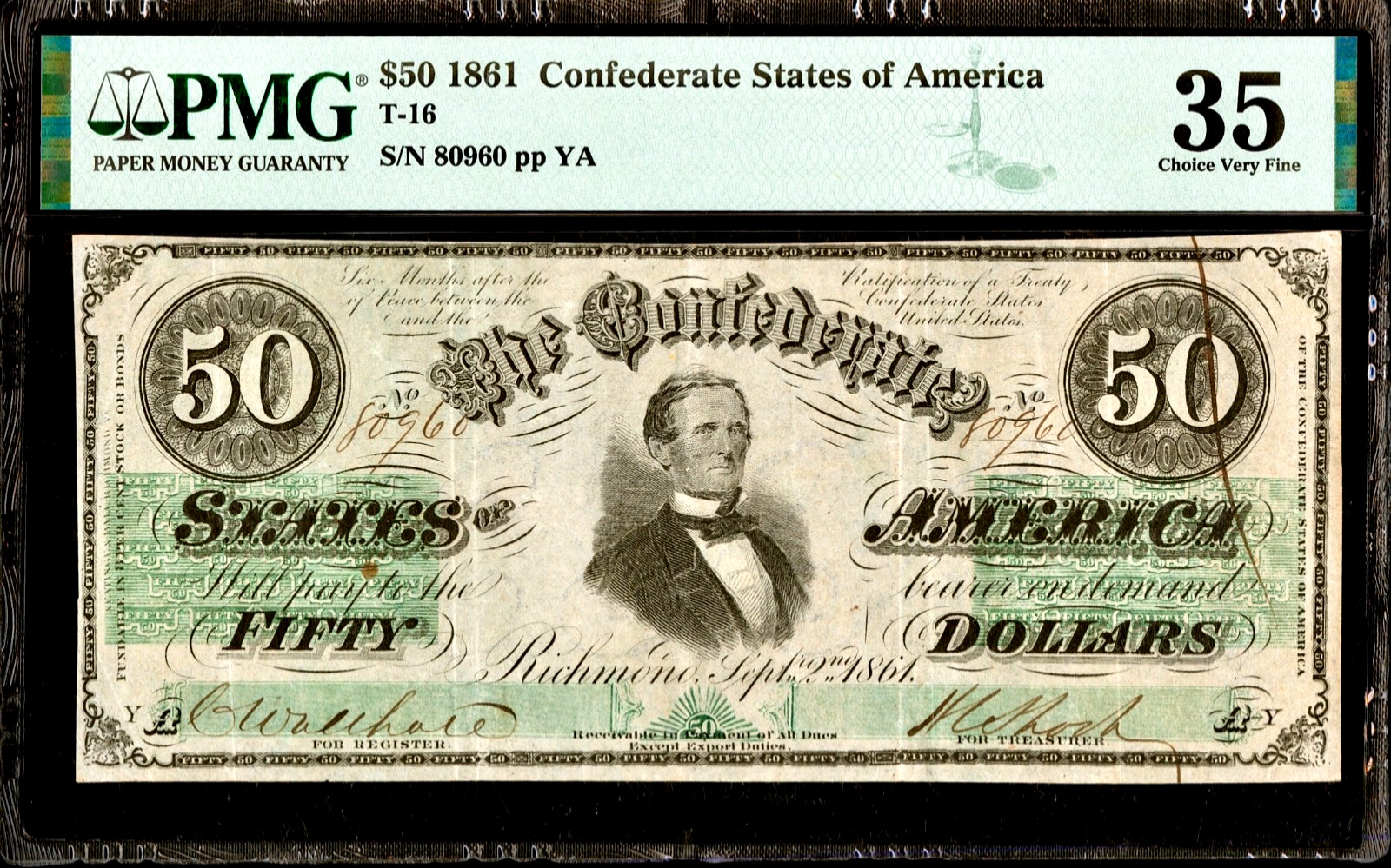 1861 CSA Confederate States of America $50 Banknote T-16 Cr.81 PMG Choice VF35
