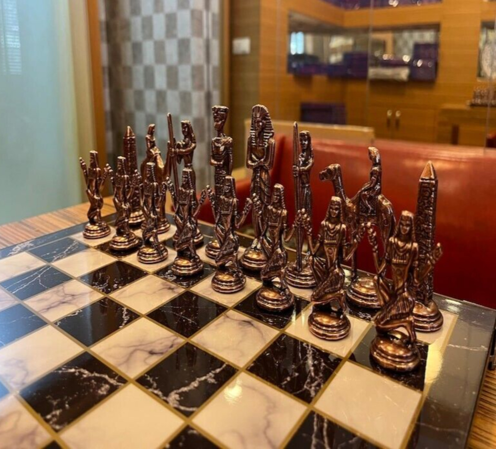 XL Antique Cleopatra Pharaoh Chess Set Marble Wooden Board Handmade 🎁 Gift Idea