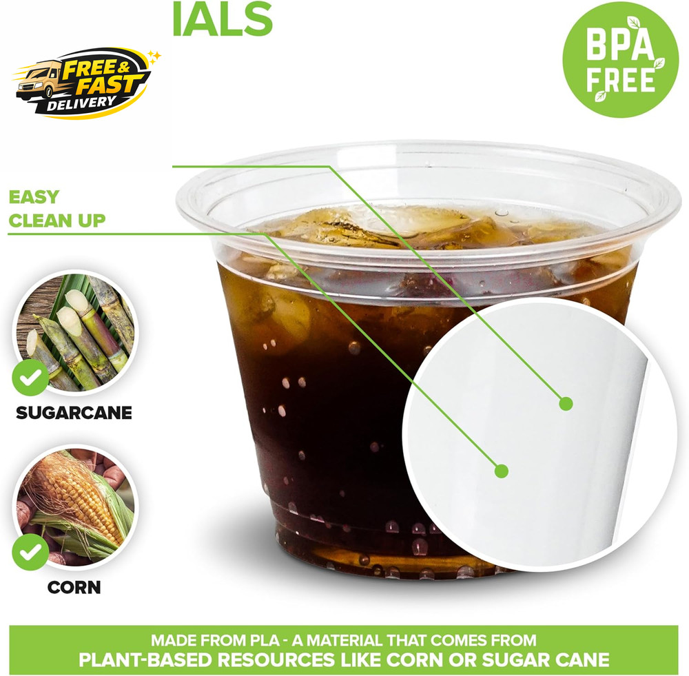 9 Oz Clear Commercially Compostable Cold Cups (100 Pack) PLA Disposable Party