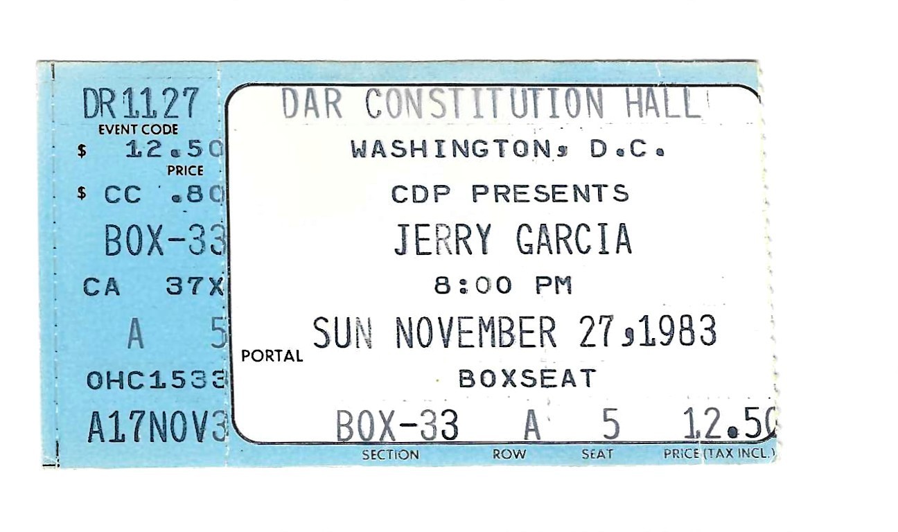 GRATEFUL DEAD TICKET 11-27-1983 JERRY GARCIA DAR CONSTITUTION HALL WASHINGTON DC