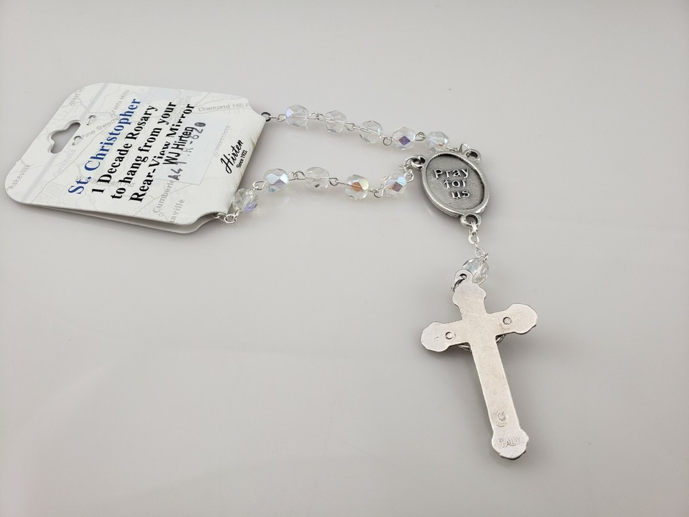 Auto St Christopher One-Decade Rosary Italy Crystal Bead Rear View Mirror