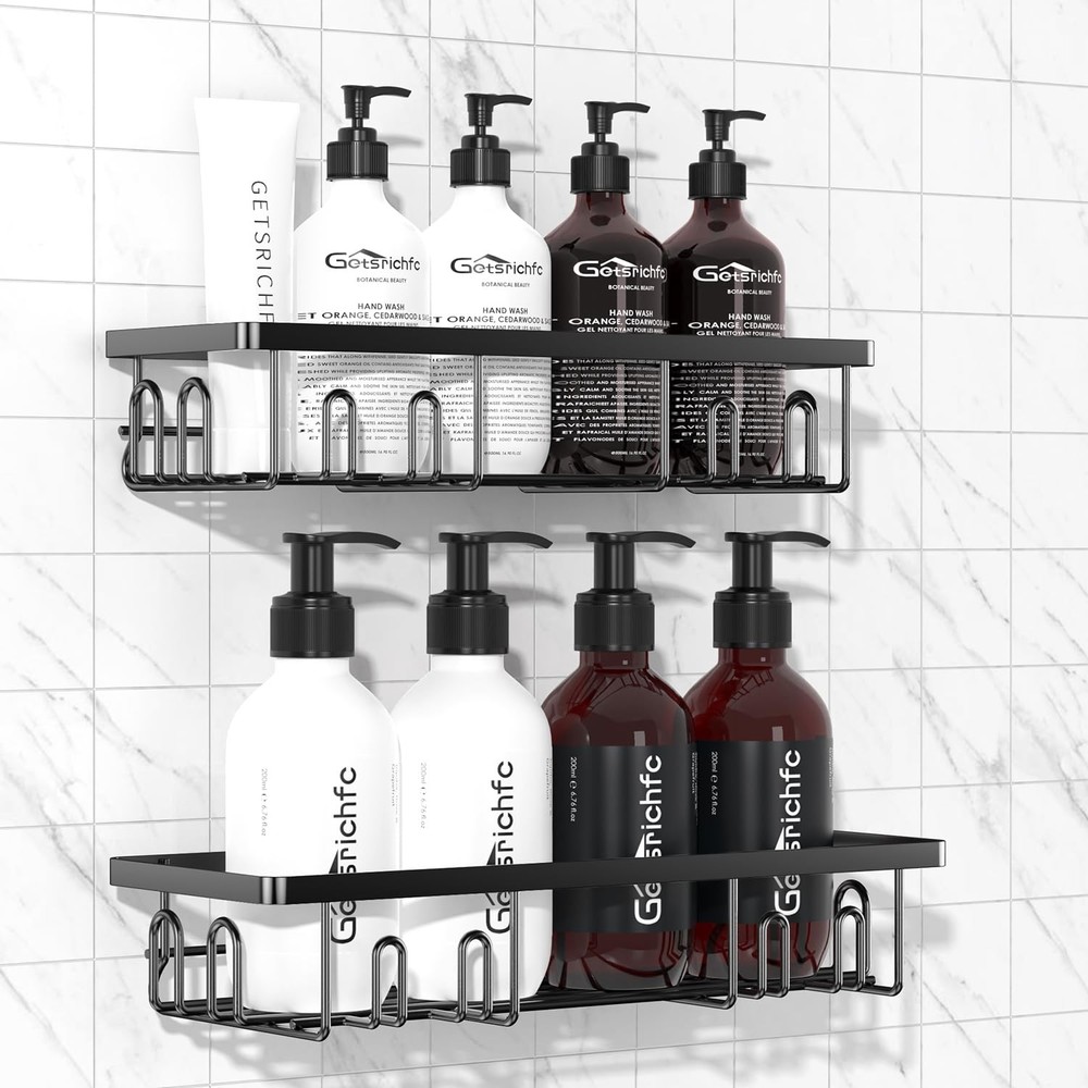 2 PACK Getsrichfc Adhesive Shower Caddy, Shower Shelves with 16 Hooks, Rustproof