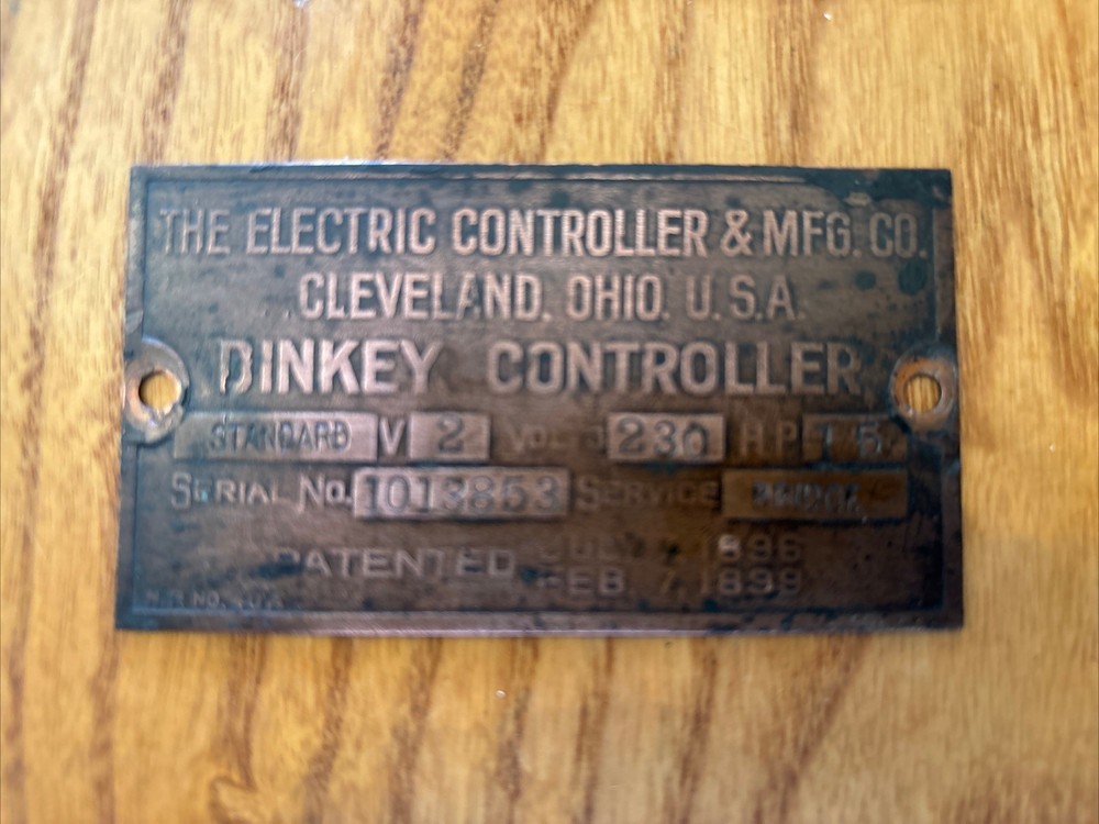 Dinkey Controller Copper/Brass  Engine Tag 1899 Patent