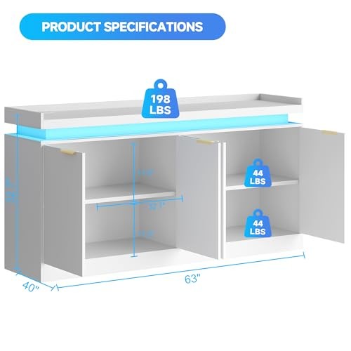 LED Sideboard Buffet Cabinet with Storage, 63'' Large Kitchen Buffet White