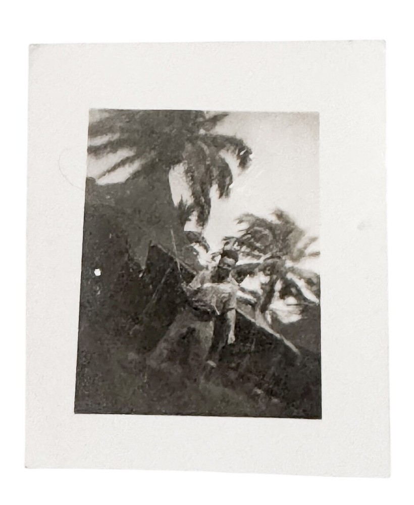 WW2 Era Photo U.S. GI Holding Sword Camp Tents Tropical Trees