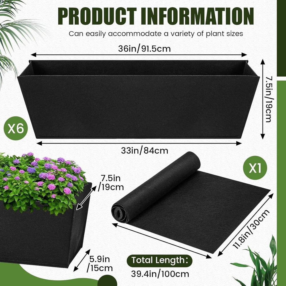 6 Pack Fabric Plant Window Box Liners Rectangular Non-Woven Planter 36 Inch