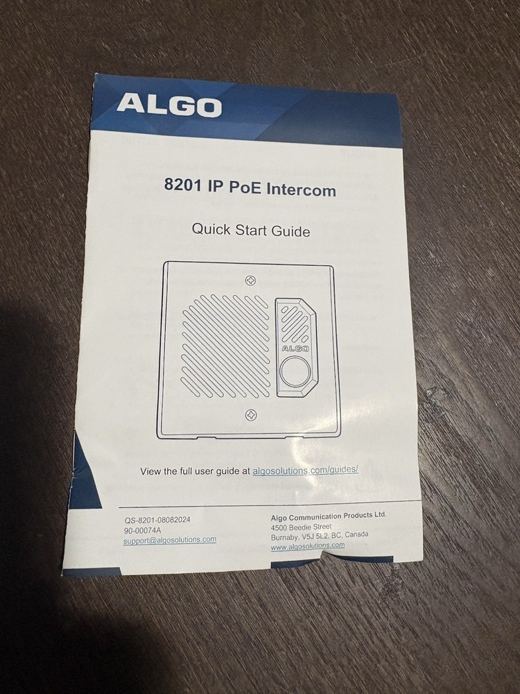 ALGO 8201 IP PoE Intercom System with Mounting Plate and Quick Start Guide
