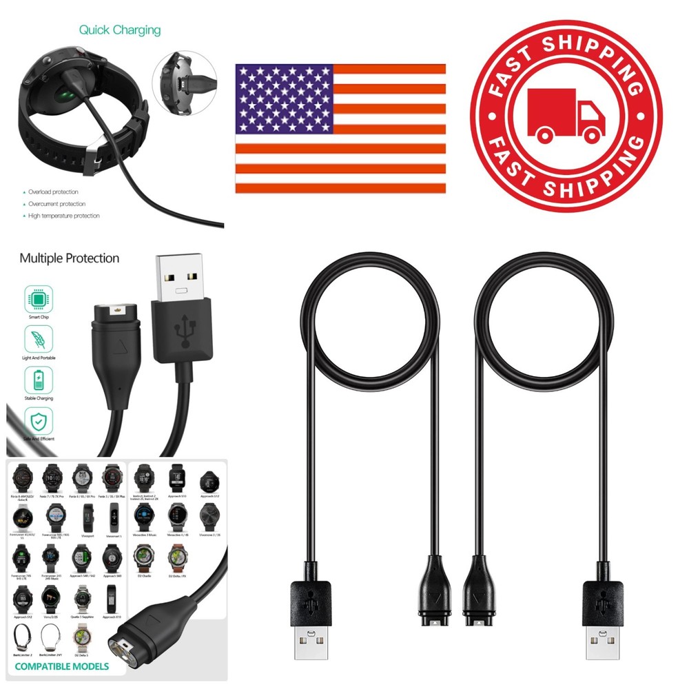 Garmin Watch Cable 2 Pack Fast Charging USB Compatible with Multiple Models