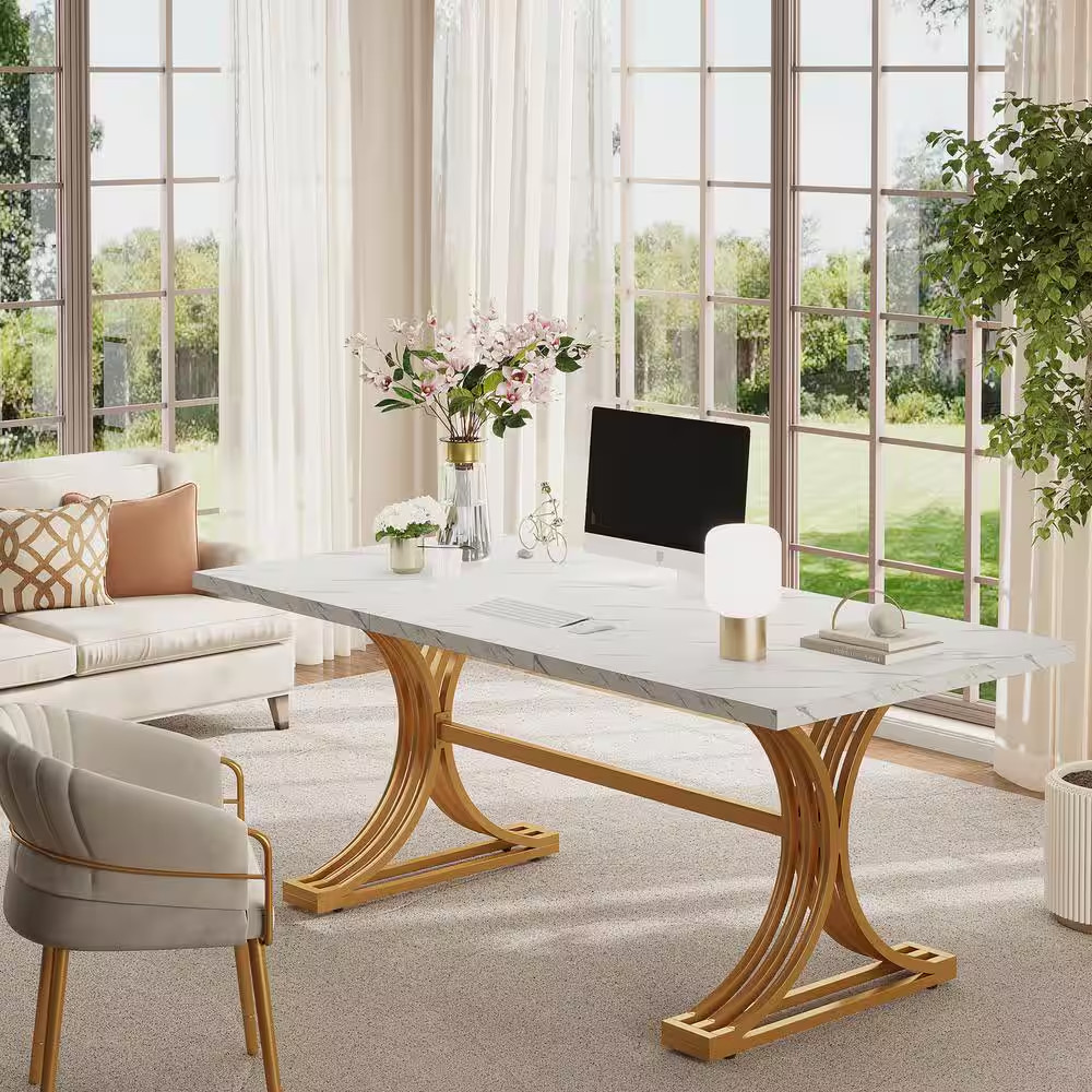 Moronia 63 In. Rectangular White and Gold Wood Computer Desk with Solid Metal Le