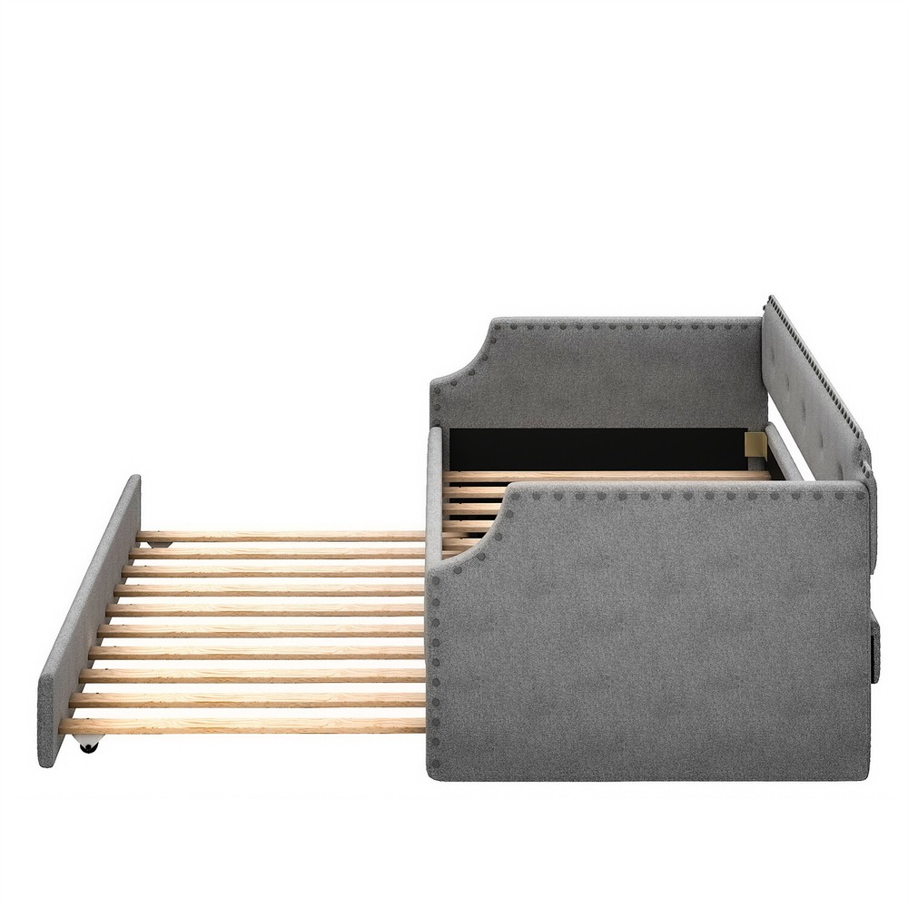 Twin Size Daybed w/ Pull-Out Trundle Bed Upholstered Bed Frame Sofa Bed US