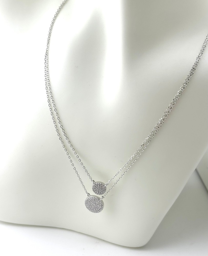 925 Silver Small Double Round CZ Disc Layered Necklace