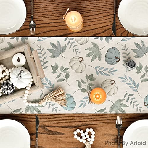 Pumpkins Fall Eucalyptus Leaves Table Runner, 13" x 72", Table Runner Blue