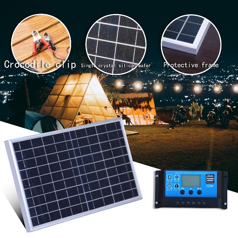 Solar Panel 1 or 2 with Charge Controller Portable Kit for Camping Off Grid