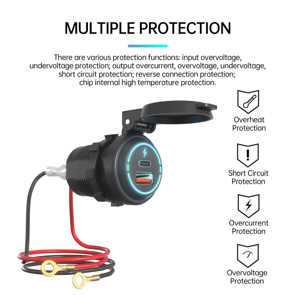 Motorcycle Charger Cigarette Lighter Socket 2 USB Type-C Charging Power Outlet