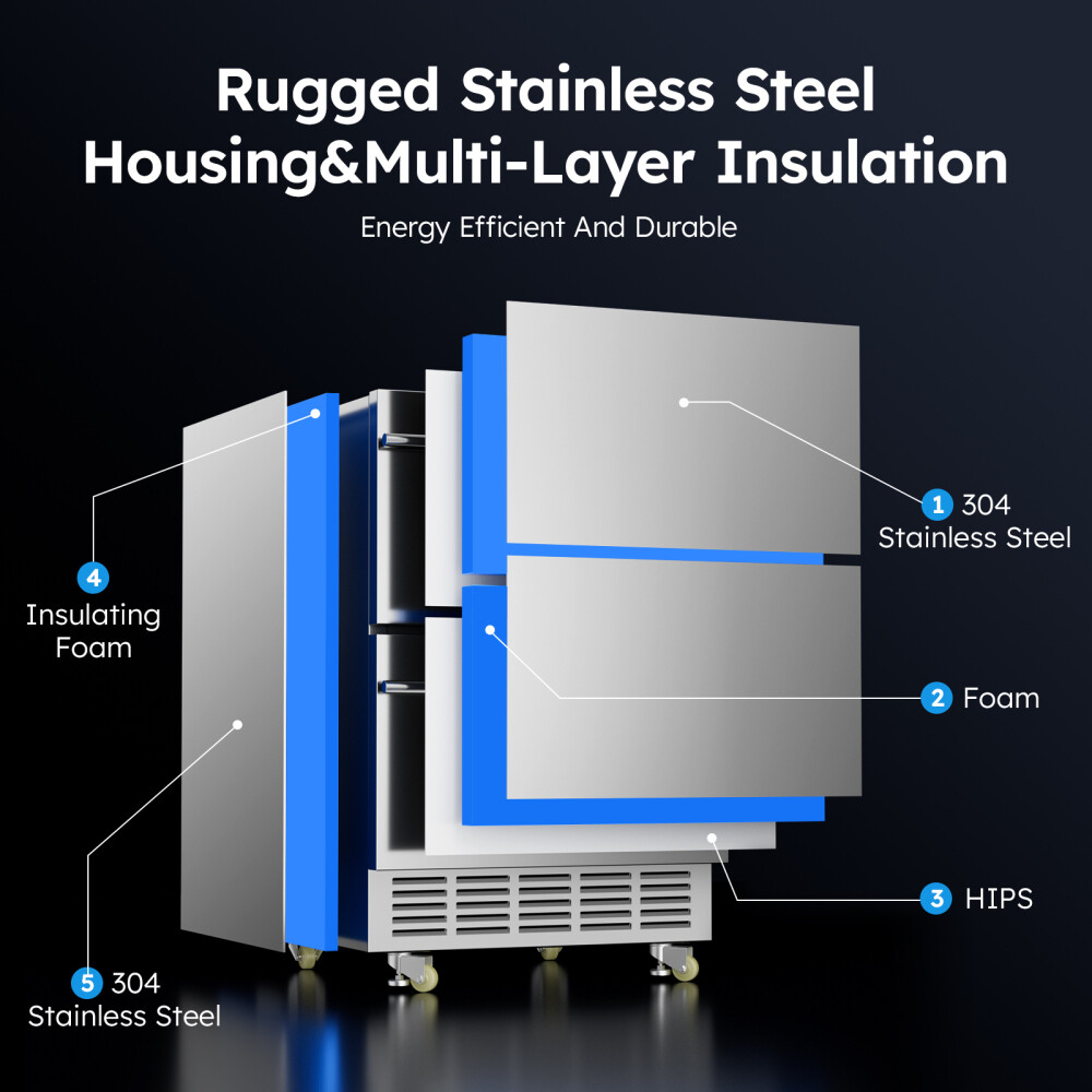 24 Inch Under Counter Refrigerator Double Drawer Beverage Fridge Stainless Steel